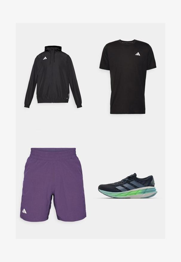 Black athletic jacket made from lightweight material. Features a hood, zip closure, and elastic cuffs. White logo on the upper left side.; Black cotton t-shirt with short sleeves, crew neckline, and a white logo on the left chest. Smooth texture and simple design.; Purple athletic shorts made from breathable fabric, featuring an elastic waistband and a white logo accent on the left side.; Black and blue athletic shoe with mesh upper, three white stripes, green translucent sole, and notable textured pattern. Lightweight design.
