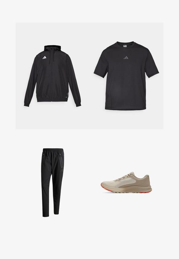 Juodas sportinis švarkas, pagamintas iš lengvos medžiagos. turi gobtuvą, užtrauktuką ir elastingas rankoves. Balta logo kairėje viršutinėje pusėje.; Juodas sportinis marškinėlis pagamintas iš kvėpuojančios medžiagos, su trumpomis rankovėmis, apvaliu kaklu ir atspindinčiu logotipu ant krūtinės.; Juodi sportiniai šortai su elastiniu juosmeniu, dviem užtrauktukais šoniniais kišenėmis, siaurėjančiomis kojomis ir subtiliu logotipo detaliu ant klubo.; Šviesiai smėlio spalvos bėgimo bateliai su tekstūruotu viršutiniu paneliu, kontrastingais ramaus oranžinės spalvos akcentais ant pado ir minkštu viduriniu padu.