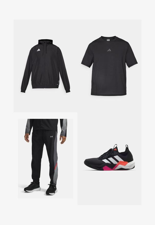 Zwarte sportjack gemaakt van lichtgewicht materiaal. Voorzien van een capuchon, ritssluiting en elastische manchet. Witte logo op de bovenste linkerkant.; Zwart sport t-shirt van ademend materiaal, met korte mouwen, een ronde hals en een reflecterende logo op de borst.; Zwarte sportbroek met grijze en rode accenten, uitgerust met een strak ontwerp en een taps toelopende pasvorm. Gemaakt van lichtgewicht materiaal met een zachte textuur.; Zwarte sportschoen met witte strepen, textuur bovenwerk en een chunky zool met oranje, roze en witte accenten. Vetersluiting met een treklus.