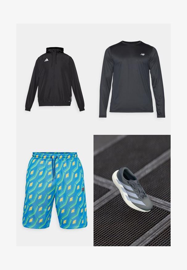 Schwarze Sportjacke aus leichtem Material. Verfügt über eine Kapuze, einen Reißverschluss und elastische Bündchen. Weißes Logo auf der oberen linken Seite.; Schwarz, langärmliges Sportshirt aus glattem, leichtem Stoff mit subtiler Textur. Mit kleinem Logo auf der linken oberen Brust.; Blaue Badeshorts mit einem geometrischen Muster in Grün und Gelb, ausgestattet mit einem elastischen Bund, einer Kordel und einem kleinen Logopatch.; Sportsschuh in Grau und Weiß, aus synthetischem Material gefertigt, mit einem schlanken Design, strukturiertem Finish und ausgeprägtem Schnürsystem.