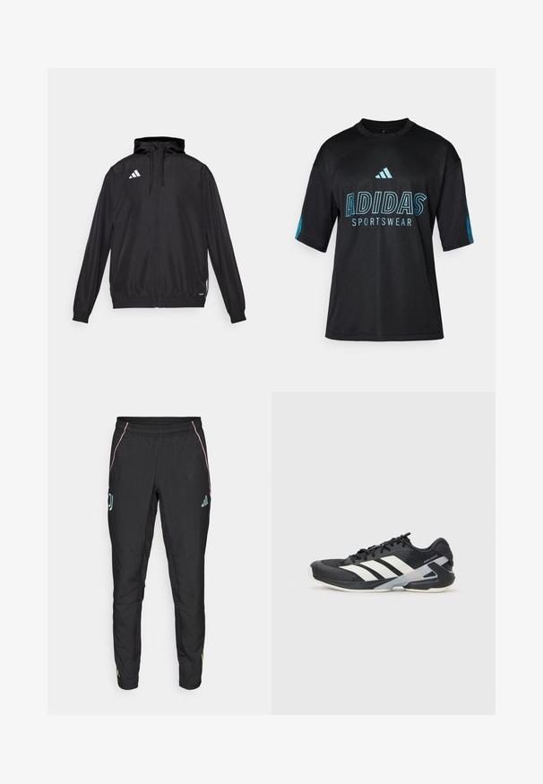 Jachetă sport neagră, fabricată dintr-un material ușor. Are glugă, închidere cu fermoar și manșete elastice. Logo alb pe partea stângă sus.; Cămașă sport de la Adidas, neagră, cu textură din plasă, mâneci scurte, guler rotund și detalii în albastru pentru logo și text pe față și pe mâneci.; Pantaloni sport negri cu o textură netedă. Au accente roz și turcoaz, un elastic la talie și detalii cu logo pe laterale.; Pantofii sport negri cu dungi albe, superior din plasă, vârf rotunjit și talpă îmbunătățită pentru amortizare. Au o călcătură texturată și un sistem de șireturi securizat.
