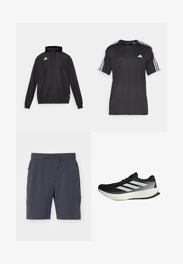 Giacca atletica nera realizzata in materiale leggero. Caratterizzata da un cappuccio, chiusura zip e polsini elastici. Logo bianco sul lato superiore sinistro.; T-shirt nera a maniche corte con design a tre strisce bianche sulle spalle e logo sul petto. Realizzata in tessuto traspirante, con una texture liscia.; Pantaloni corti grigio scuro con cintura elastica e cordino. Tessuto morbido, due tasche laterali e design alla lunghezza del ginocchio. Senza motivi visibili.; Scarpa sportiva nera con design in rete, caratterizzata da strisce bianche, punta arrotondata e suola testurizzata per aderenza e supporto.