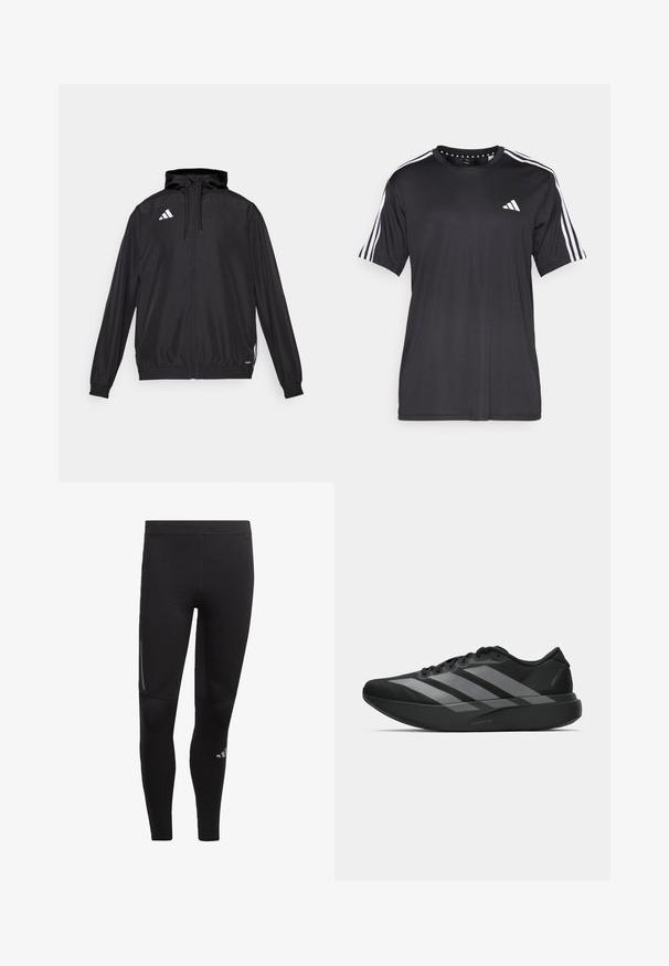 Juodas sportinis švarkas, pagamintas iš lengvos medžiagos. turi gobtuvą, užtrauktuką ir elastingas rankoves. Balta logo kairėje viršutinėje pusėje.; Juodas trumpas rankovėmis marškinėliai su balta trijų juostų dizainu ant pečių ir logotipu ant krūtinės. Pagaminta iš kvėpuojančios medžiagos, lygaus pynimo.; Juodos sportinės legging kelnės, pagamintos iš elastingos medžiagos, pasižyminčios aukšta juosmens juosta, atspindinčiais akcentais ir logotipu prie kulkšnies. Lygus paviršius.; Juodos sportinės avalynės, lengvos konstrukcijos, su trimis aiškiomis pilkomis juostomis, lygiu paviršiumi ir kontūrine padu.