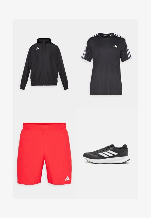 Must värvi sportlik jakk, mis on valmistatud kergest materjalist. Omab kapuutsit, lukuga sulgemist ja elastseid mansette. Valge logo ülemisel vasakul küljel.; Mustaline lühikeste varrukatega t-särk musta värviga, millel on valge kolme triibu disain õlgadel ja logo rinnal. Valmistatud hingavast kangast, sile tekstuur.; Punase sportlikud lühikesed püksid elastse vööga, tekstuuriga kangast ja valge Adidas logo allääres.; Mustmust valmistatud õhulise võrgu ülemise osa, valgete aktsentidega ja pehme tallaga must sportlik king. Küljel on kolm triipu kujutav logo.