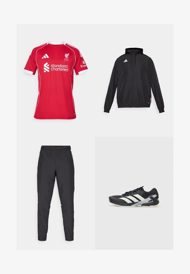 Jachetă sport neagră, fabricată dintr-un material ușor. Are glugă, închidere cu fermoar și manșete elastice. Logo alb pe partea stângă sus.; Cămașă de fotbal roșie cu mâneci scurte, fabricată din poliester, prezintă accente albe, guler rotund și logo-uri pentru L.F.C. și Standard Chartered.; Pantaloni de sport negri cu talie elastică, picioare conice și accente laterale albe. Fabricat din material sintetic cu o textură netedă.; Pantofii sport negri cu dungi albe, superior din plasă, vârf rotunjit și talpă îmbunătățită pentru amortizare. Au o călcătură texturată și un sistem de șireturi securizat.