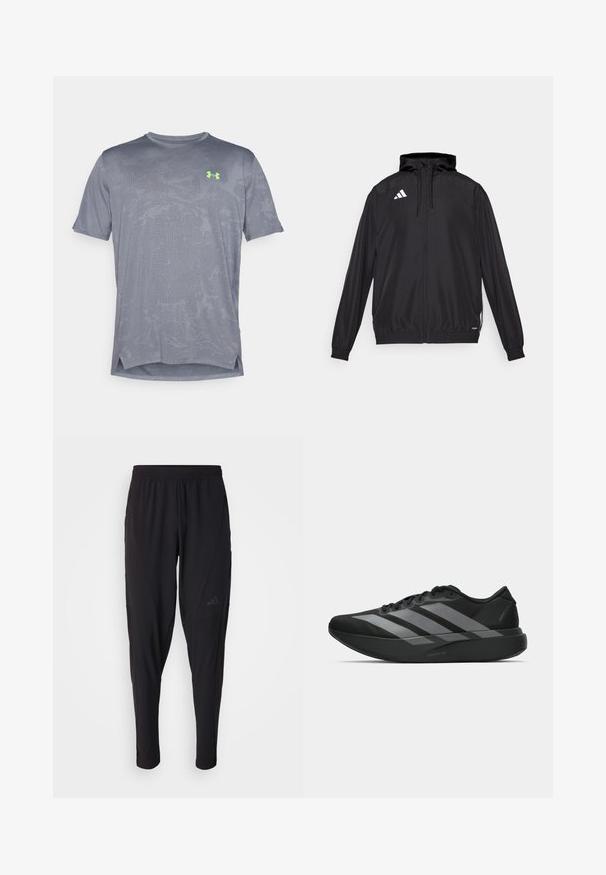 Jachetă sport neagră, fabricată dintr-un material ușor. Are glugă, închidere cu fermoar și manșete elastice. Logo alb pe partea stângă sus.; Under Armour VENT - Bluză sport - castlerock/hyper green; Pantaloni atletici negri cu o talie elastică, design conic, buzunare laterale și detalii subtile cu logo. Fabricat dintr-un material flexibil și respirabil.; Pantofi sport negri cu un design ușor, prezentând trei dungi gri proeminente, o textură netedă și o talpă conturată.