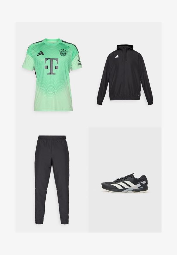 Must värvi sportlik jakk, mis on valmistatud kergest materjalist. Omab kapuutsit, lukuga sulgemist ja elastseid mansette. Valge logo ülemisel vasakul küljel.; Mündroheline jalgpallipaita mustade aktsentidega, gradientdisain, mille keskel on suur must logo ja ülemises vasakus nurgas meeskonna embleem.; Mustad mustusharjased püksid elastse vöökohtadega, kitsenevate jalgadega ja valgete külgaktsentidega. Valmistatud sünteetilisest materjalist, millel on sile tekstuur.; Mustad sportlik jalanõud mustade värvidega, valgete triipudega, võrgusilma pealmine osa, ümar varvas ja pehme tallaga. Omab tekstureeritud kontsa ja kindlat paeltesüsteemi.
