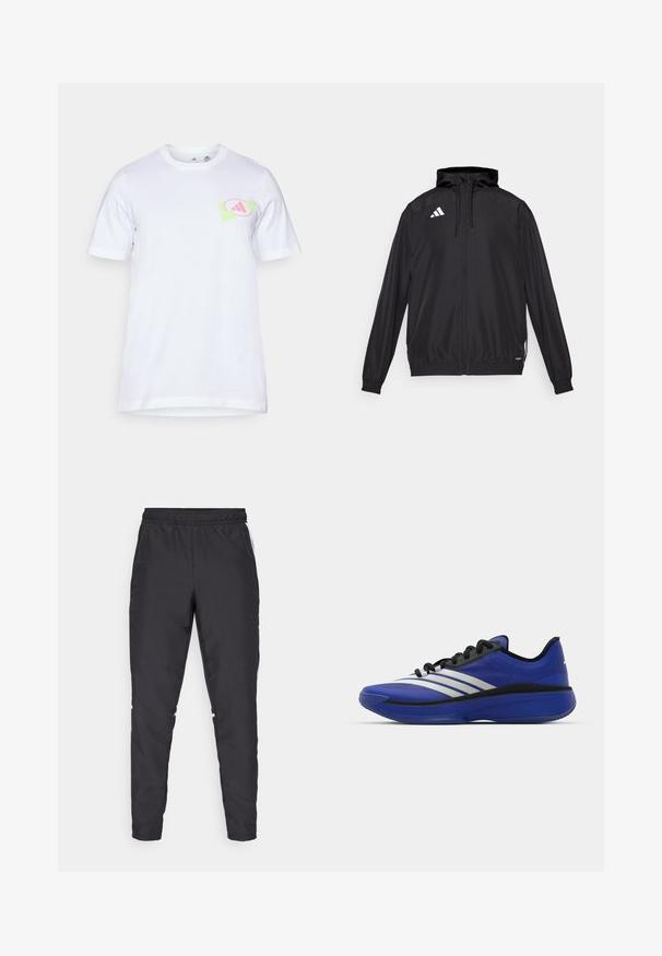 Fekete sportdzseki könnyű anyagból készült. Kapucnival, cipzárral és rugalmas mandzsettákkal rendelkezik. Fehér logó a bal felső részen.; Fehér pamut póló rövid ujjal. Bal mellkason világosszürke és zöld színű grafikai design található, amely egy logóra hasonlít.; Fekete sportnadrág, rugalmas derékkal, szűkített szárakkal és fehér oldalszegésekkel. Szinétikus anyagból készült, sima tapintással.; adidas Performance ADIZERO SELECT 3.0 - Kosárlabdacipők - lucid blue/core black/metallic