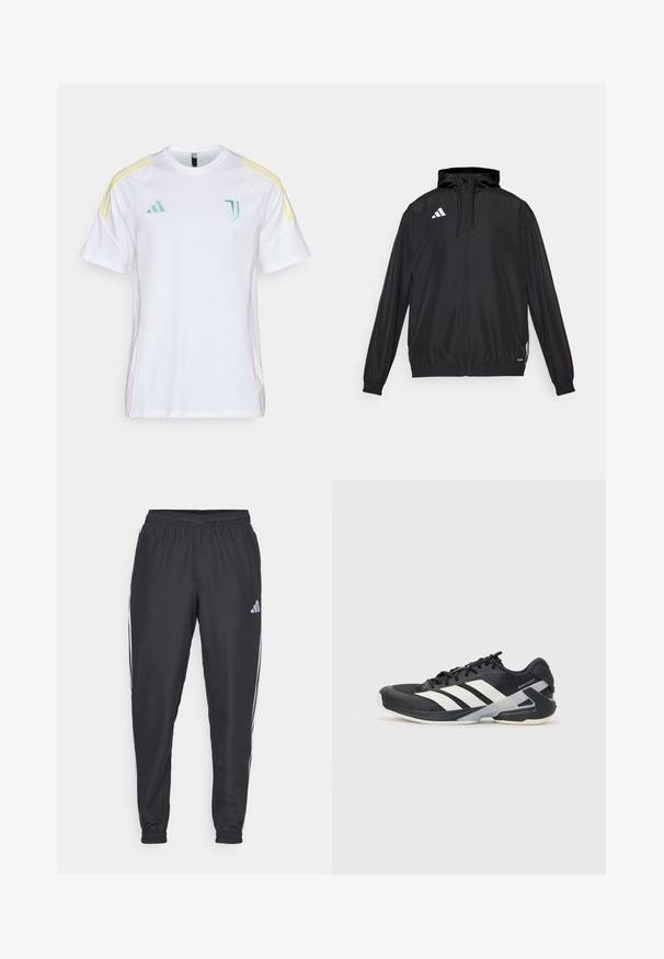 Crna sportska jakna izrađena od laganog materijala. Ima kapuljaču, zatvaranje na rajsferšlus i elastične manšete. Bijeli logo na gornjoj lijevoj strani.; Bijela majica s kratkim rukavima s kontrastnim žutim akcentnim trakama na ramenima. Ima izvezeni zeleni logo na prsima i ružičaste bočne šavove.; Crne sportske hlače s elastičnom gumicom u struku, s bijelim prugama uz bokove i malim logotipom na kuku. Glatka tekstura.; Crne atletske cipele s bijelim prugama, mrežasta gornja strana, zaobljeni prst i podstavljeni đon. Imaju teksturiranu petu i siguran sustav vezivanja.