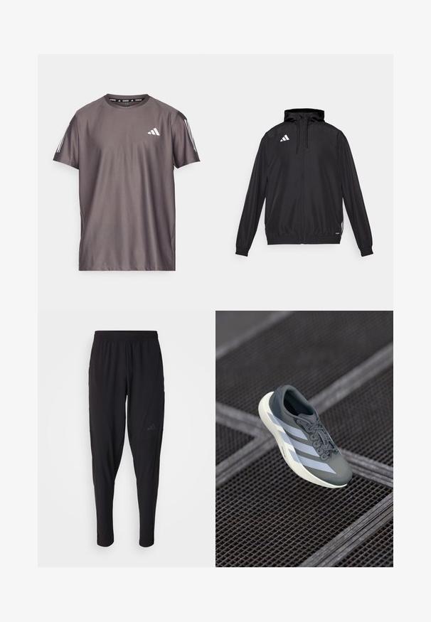 Chaqueta deportiva negra hecha de material ligero. Cuenta con una capucha, cierre de cremallera y puños elásticos. Logotipo blanco en la parte superior izquierda.; adidas Performance OTR B - Camiseta deportiva - charcoal; Pantalones deportivos negros con cintura elástica, diseño ajustado, bolsillos laterales y un discreto detalle de logo. Fabricados con un material flexible y transpirable.; Zapatilla deportiva en gris y blanco, hecha de material sintético, con un diseño aerodinámico, acabado texturizado y un sistema de cordones prominente.