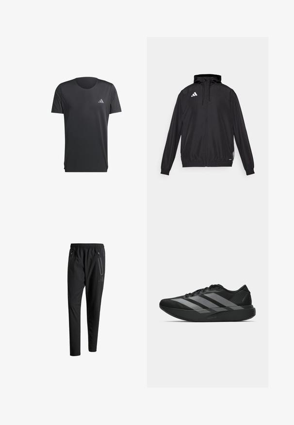 Chaqueta deportiva negra hecha de material ligero. Cuenta con una capucha, cierre de cremallera y puños elásticos. Logotipo blanco en la parte superior izquierda.; adidas Performance ADIZERO - Camiseta deportiva - black; Pantalones deportivos negros con una cintura elástica, dos bolsillos laterales con cremallera, piernas ajustadas y un discreto detalle de logo en la cadera.; Zapatillas deportivas negras con un diseño ligero, que presentan tres franjas grises prominentes, una textura suave y una suela contorneada.