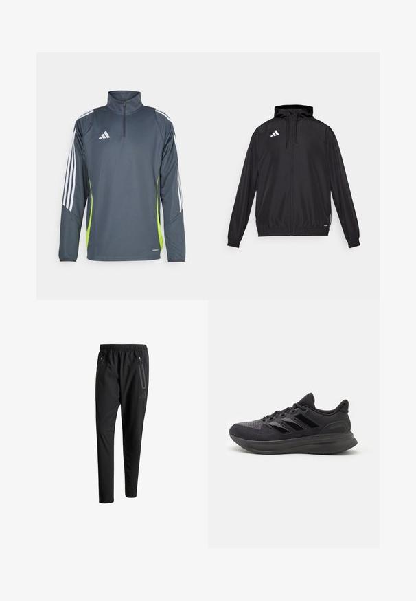 Black athletic jacket made from lightweight material. Features a hood, zip closure, and elastic cuffs. White logo on the upper left side.; Dark gray athletic pullover with quarter zip, white stripes on shoulders, and a bright green side panel. Made from a smooth, breathable fabric.; Black athletic pants with an elastic waistband, two zippered side pockets, tapered legs, and a subtle logo detail on the hip.; Black athletic shoe with textured fabric upper, rubber sole, and three shiny black stripes on the side. Rounded toe and cushioned heel.