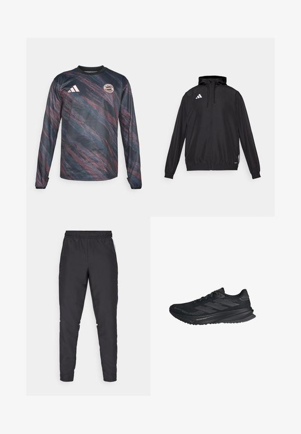 Svart träningsjacka gjord av lättviktsmaterial. Har huva, dragkedjestängning och elastiska ärmslut. Vit logotyp på övre vänstra sidan.; Långärmad tröja i mörkblått och vinrött med ett strukturerat, vågigt mönster. Har en svart krage och FC Bayern Münchens logotyp på bröstet.; Svarta träningsbyxor med elastisk midjeband, smalnande ben och vita sidodetaljer. Tillverkade av syntetiskt material med en slät yta.; Svarta Adidas löparskor med Gore-Tex ovandel, tre ränder på sidan och "Dreamstrike" på sulan, sedd från utsidan.