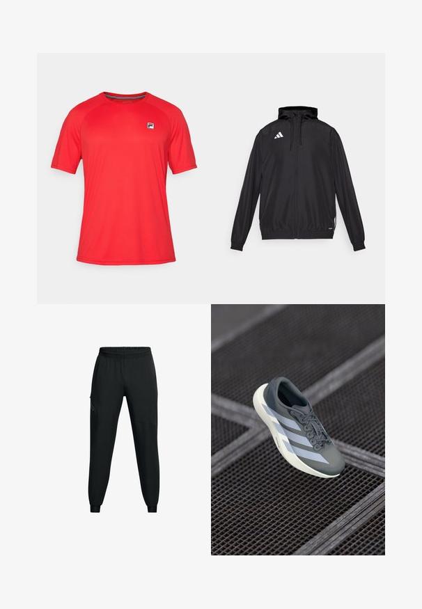 Must värvi sportlik jakk, mis on valmistatud kergest materjalist. Omab kapuutsit, lukuga sulgemist ja elastseid mansette. Valge logo ülemisel vasakul küljel.; Punane lühikeste varrukatega spordipolot, mis on valmistatud kergest kangast, millel on ümmargune kaelus ja väike logo märk vasakul rinnakel. ; Musthave mustamaadid sportlikud püksid elastse vöökohaga, kitseneva jala disainiga, küljetaskudega ja kontrastsete paneelide detailidega. Kerge, sileda kangaga.; Hallide saapad hallis ja valges, valmistatud sünteetilisest materjalist, voolujoonelise disainiga, tekstuurse viimistlusega ja silmapaistva nöörimise süsteemiga.