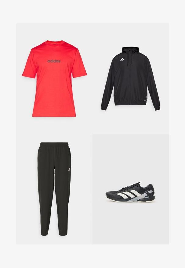Casaco desportivo preto feito de material leve. Apresenta um capuz, fecho de correr e punhos elásticos. Logótipo branco no lado superior esquerdo.; T-shirt de algodão vermelho com mangas curtas e decote redondo, com um logo "adidas" em cinza-escuro estampado no peito.; Calças de atletismo pretas com cintura elástica, corte justo e logotipo branco na perna esquerda. Tecido liso e leve.; Sapata atlética preta com riscas brancas, parte superior em malha, biqueira arredondada e sola acolchoada. Apresenta um calcanhar texturizado e um sistema de atacadores seguro.