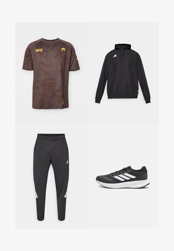 Casaco desportivo preto feito de material leve. Apresenta um capuz, fecho de correr e punhos elásticos. Logótipo branco no lado superior esquerdo.; T-shirt castanho de manga curta com um padrão em espiral, logótipo da UFC em amarelo no lado esquerdo do peito e um logótipo adicional no lado direito da manga.; Calças atléticas pretas com pernas afiladas, cintura elástica, bolsos laterais e detalhes em logo e riscas brancas. Confeccionadas em material liso e leve.; Shoe de atletismo preto com parte superior em malha respirável, detalhes brancos e sola almofadada. Apresenta o logotipo das três riscas na lateral.
