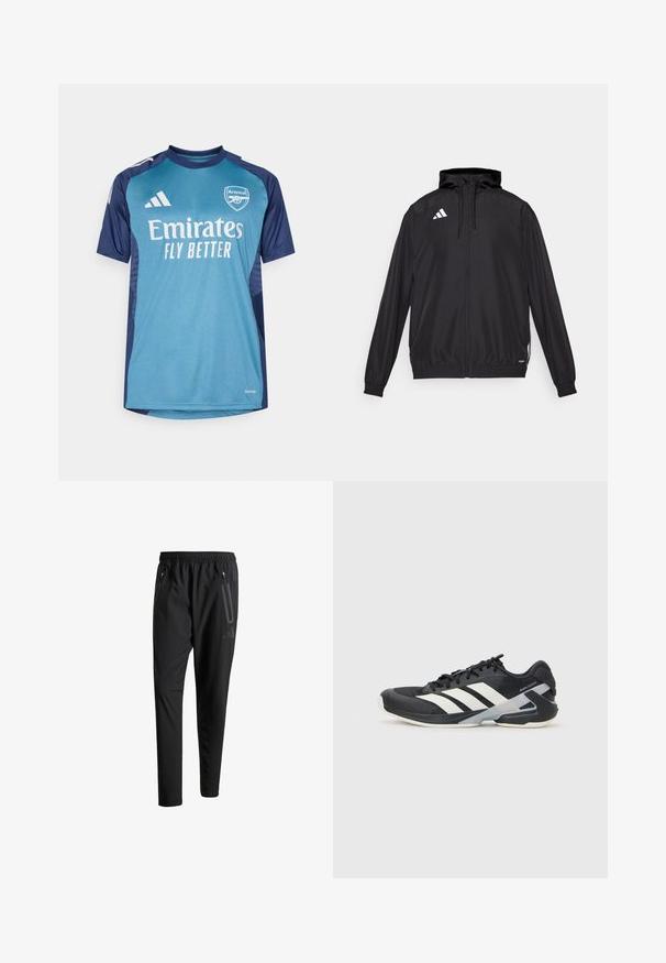 Giacca atletica nera realizzata in materiale leggero. Caratterizzata da un cappuccio, chiusura zip e polsini elastici. Logo bianco sul lato superiore sinistro.; Maglia da portiere in teal e blu navy, realizzata in tessuto traspirante. Presenta i loghi "Emirates" e "Arsenal", maniche corte e accenti contrastanti sulle spalle.; Pantaloni sportivi neri con vita elastica, due tasche laterali con cerniera, gambe affusolate e un sottile dettaglio del logo sull'anca.; Scarpa sportiva nera con strisce bianche, tomaia in rete, punta arrotondata e suola ammortizzata. Presenta un tallone testurizzato e un sistema di allacciatura sicuro.