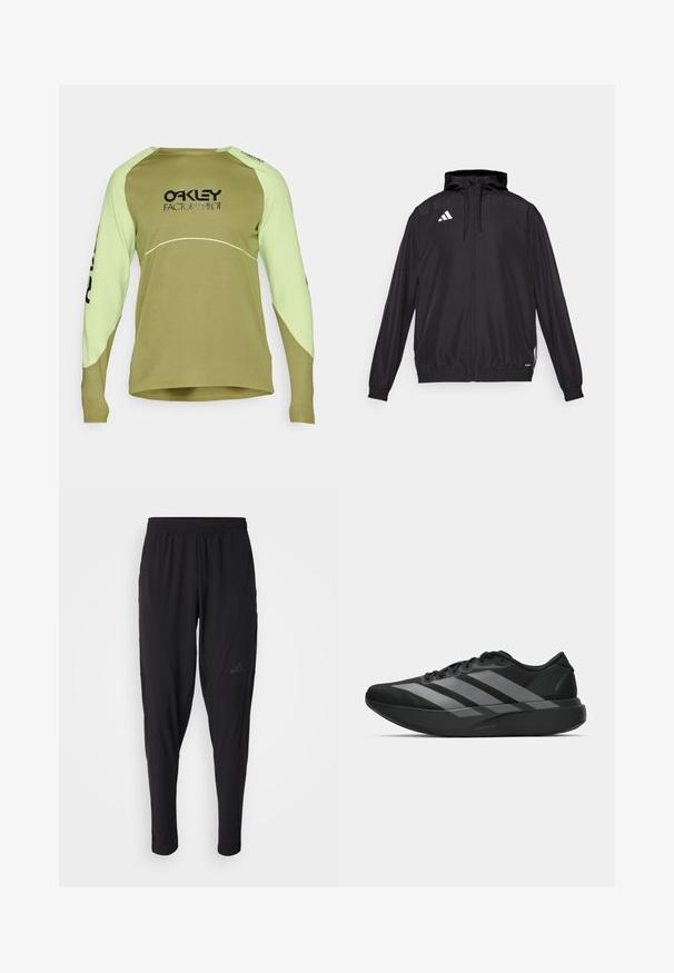 Juodas sportinis švarkas, pagamintas iš lengvos medžiagos. turi gobtuvą, užtrauktuką ir elastingas rankoves. Balta logo kairėje viršutinėje pusėje.; Oakley MAVEN SCRUB - Ilgarankovis viršutinės dalies drabužis - fern; Juodos sportinės kelnės su elastinga juosmeniu, siaurėjantis dizainas, šoninės kišenės ir subtilus logotipo detalė. Pagamintos iš lankstaus, kvėpuojančio audinio.; Juodos sportinės avalynės, lengvos konstrukcijos, su trimis aiškiomis pilkomis juostomis, lygiu paviršiumi ir kontūrine padu.