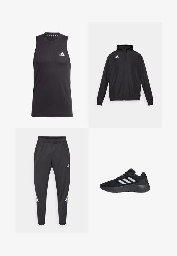 Chaqueta deportiva negra hecha de material ligero. Cuenta con una capucha, cierre de cremallera y puños elásticos. Logotipo blanco en la parte superior izquierda.; Camiseta deportiva sin mangas negra hecha de tela suave, con un escote redondo y un logo blanco en el lado izquierdo del pecho.; Pantalones deportivos negros con piernas ajustadas, cintura elástica, bolsillos laterales y detalles en logo y rayas blancas. Hechos de un material suave y ligero.; Zapatilla deportiva negra con parte superior de malla, tres franjas blancas, suela acolchada y detalles texturizados en la suela exterior.