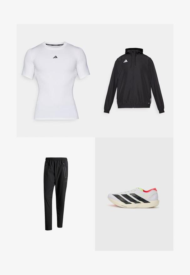 Casaco desportivo preto feito de material leve. Apresenta um capuz, fecho de correr e punhos elásticos. Logótipo branco no lado superior esquerdo.; Camisa branca de manga curta feita de tecido técnico, com decote redondo e um logotipo preto no peito. Textura suave e design ajustado.; Calças de treino pretas com uma cintura elástica, dois bolsos laterais com fecho, pernas ajustadas e um discreto detalhe de logotipo no quadril.; Sapatilha de corrida branca com riscas pretas, detalhes em verde neón e um calcanhar vermelho. Apresenta um design leve e uma sola texturizada para melhor aderência.