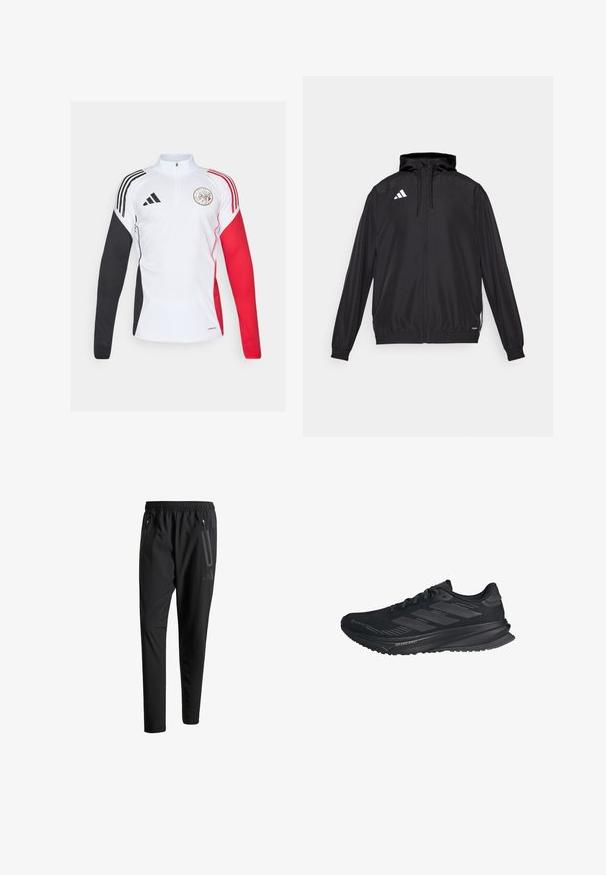 Veste de sport noire en matériau léger. Dotée d'une capuche, d'une fermeture éclair et de poignets élastiques. Logo blanc sur le côté supérieur gauche.; Polaire de sport blanche avec des accents noirs et rouges, dotée d'un col zippé quart, de manches longues et d'un logo circulaire sur la poitrine.; Pantalons de sport noirs avec une taille élastique, deux poches latérales zippées, des jambes fuselées et un détail de logo subtil sur la hanche.; Chaussure de course noire Adidas avec un dessus en Gore-Tex, trois bandes sur le côté et "Dreamstrike" sur la semelle, vue de l'extérieur.
