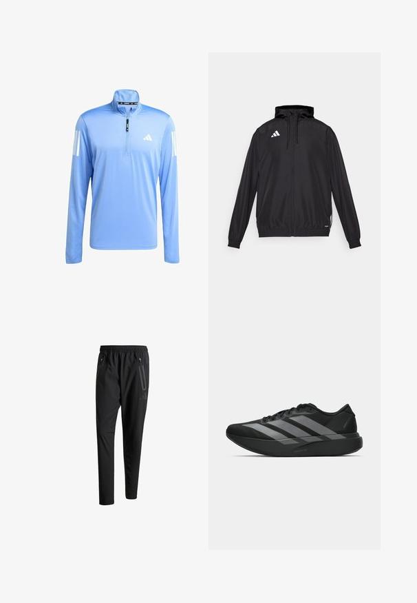 Zwarte sportjack gemaakt van lichtgewicht materiaal. Voorzien van een capuchon, ritssluiting en elastische manchet. Witte logo op de bovenste linkerkant.; Lichtblauw sportshirt met lange mouwen en een rits tot een kwart, gemaakt van gladde stof. Kenmerkt zich door witte accenten met drie strepen op beide mouwen.; Zwarte sportbroeken met een elastische tailleband, twee ritszakken aan de zijkant, taps toelopende pijpen en een subtiele logo-detail op de heup.; Zwarte sportieve schoenen met een lichtgewicht ontwerp, voorzien van drie opvallende grijze strepen, een gladde textuur en een gevormde zool.