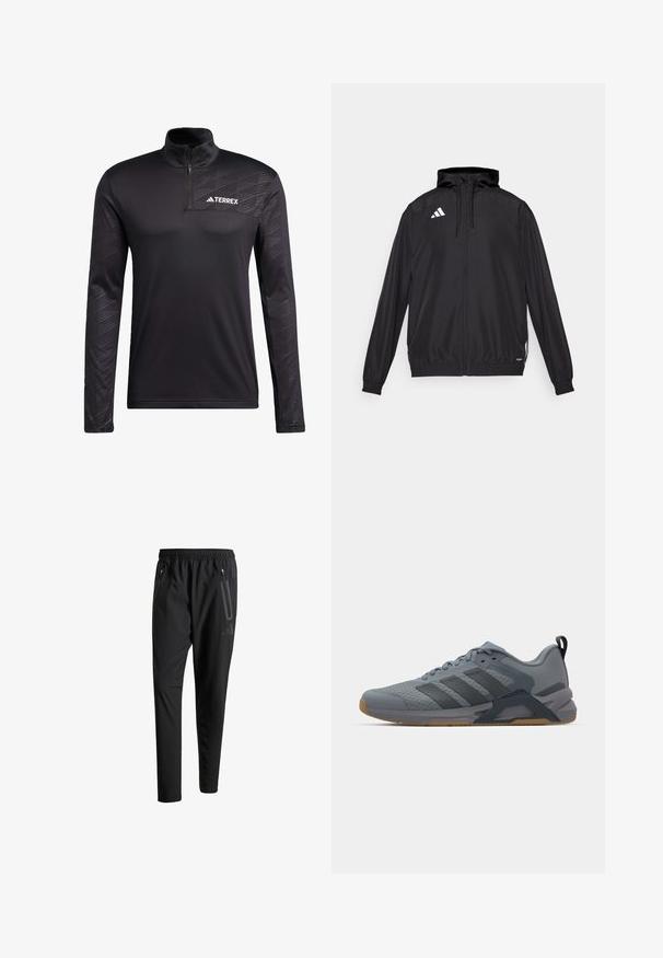 Sort atletisk jakke lavet af letvægtsmateriale. Har hætte, lynlås lukning og elastiske manchetter. Hvidt logo på øverste venstre side.; adidas Terrex TERREX MULTI HALF ZIP LONGSLEEVE TEE - Langærmet T-shirt - black; Sorte atletiske bukser med elastisk talje, to lynlåslommer på siden, tætsiddende ben og en diskret logo-detalje på hoften.; Grå atletik sko med en struktureret overdel, tre mørkegrå striber, gummisål og en forstærket hæl. Har et slankt design.