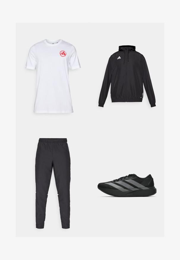 Czarna sportowa kurtka wykonana z lekkiego materiału. Posiada kaptur, zamek błyskawiczny oraz elastyczne mankiety. Białe logo na górnej lewej stronie.; Biała bawełniana koszulka T-shirt z okrągłym dekoltem i krótkimi rękawami. Czerwone okrągłe logo z napisem "ADIDAS FOOTBALL" na klatce piersiowej.; Czarne spodnie sportowe z elastycznym mankietem, zwężanymi nogawkami i białymi akcentami po bokach. Wykonane z materiału syntetycznego o gładkiej fakturze.; Czarne buty sportowe o lekkiej konstrukcji, z trzema wyraźnymi szarymi paskami, gładką fakturą i wyprofilowaną podeszwą.