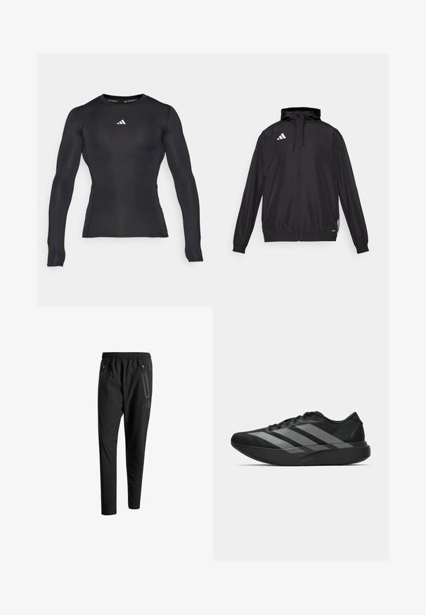 Juodas sportinis švarkas, pagamintas iš lengvos medžiagos. turi gobtuvą, užtrauktuką ir elastingas rankoves. Balta logo kairėje viršutinėje pusėje.; Juodas ilgarankovė kompresinė marškinėliai, pagaminti iš tamprus medžiagos. Turintys apvalų iškirpimą ir mažą baltą logotipą krūtinėje.; Juodi sportiniai šortai su elastiniu juosmeniu, dviem užtrauktukais šoniniais kišenėmis, siaurėjančiomis kojomis ir subtiliu logotipo detaliu ant klubo.; Juodos sportinės avalynės, lengvos konstrukcijos, su trimis aiškiomis pilkomis juostomis, lygiu paviršiumi ir kontūrine padu.