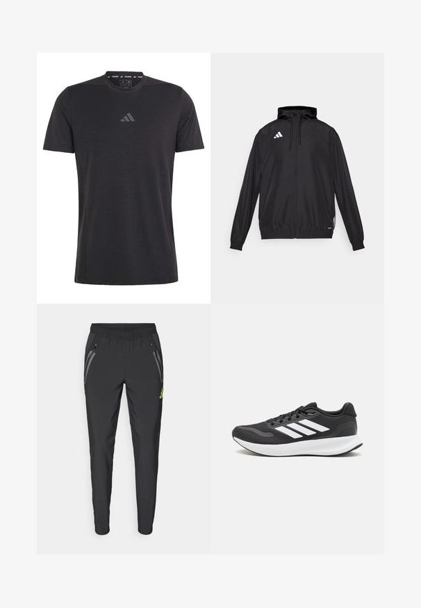 Svart träningsjacka gjord av lättviktsmaterial. Har huva, dragkedjestängning och elastiska ärmslut. Vit logotyp på övre vänstra sidan.; Svart kortärmad träningströja i lättviktig tyg, med rund halsringning och en subtil präglad logotyp på bröstet.; adidas Performance REAL MADRID TIRO25 PRO VIS TECH TRAVEL PANT - Klubbkläder - black/lucid lemon; Svart atletisk sko med andningsbar mesh-överdel, vita detaljer och en dämpad sula. Har tre ränder logo på sidan.