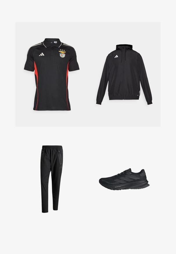 Must värvi sportlik jakk, mis on valmistatud kergest materjalist. Omab kapuutsit, lukuga sulgemist ja elastseid mansette. Valge logo ülemisel vasakul küljel.; Mustast polo särgist, millel on punased külgpaneelid, Adidas'i logo ja klubi embleem koos kuldsete tähtedega. Valmistatud hingavast, tekstureeritud kangast.; Mustavad spordipüksid elastse vöökoha, kahe tõmblukuga küljetasku, kitsenevate säärete ning õrna logodetailiga puusadel.; Mustad mustad Adidas jooksujalats, millel on Gore-Tex ülemine osa, kolm triipu küljel ja "Dreamstrike" talla peal, vaadatuna välisküljelt.