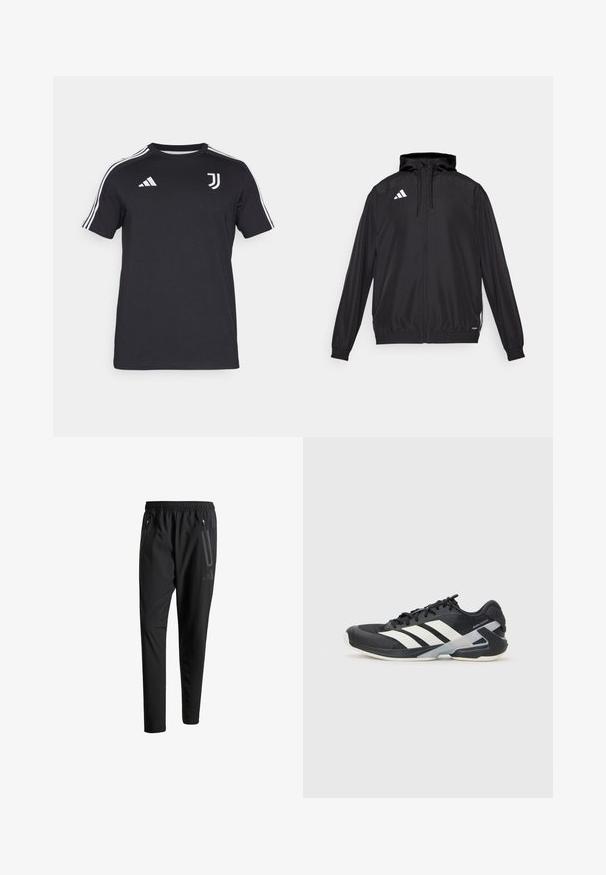 Musta urheilutakki, joka on valmistettu kevyestä materiaalista. Varustettu hupulla, vetoketjulla ja elastisilla hihansuilla. Valkoinen logo vasemmalla ylhäällä.; Lyhythihainen musta t-paita, joka on valmistettu puuvillasekoitteesta. Rinnassa on valkoinen Adidas-logo ja Juventus-logo, sekä valkoiset sivuviivat.; Mustat urheiluhousut, joissa on joustava vyötärö, kaksi vetoketjullista sivutaskua, kapenevat lahkeet ja hillitty logokuvaus lonkalla.; Mustat urheilukengät valkoisilla raidoilla, verkkomateriaalia ylhäällä, pyöristetty kärki ja pehmustettu pohja. Varustettu teksturoidulla kantapäällä ja turvallisella nauhoitusjärjestelmällä.