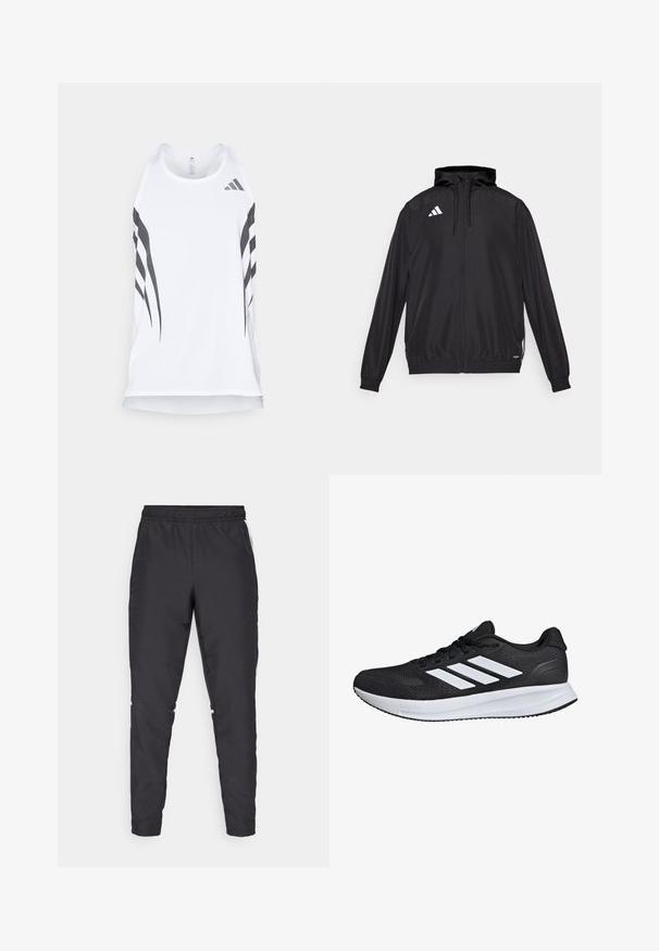 Schwarze Sportjacke aus leichtem Material. Verfügt über eine Kapuze, einen Reißverschluss und elastische Bündchen. Weißes Logo auf der oberen linken Seite.; Weißes sportliches Tanktop mit Mesh-Textur, ausgestattet mit schwarzen diagonalen Streifen und einem Adidas-Logo in der Nähe des Ausschnitts. Racerback-Design.; Schwarze Sporthose mit elastischem Bund, schmal zulaufenden Beinen und weißen Seitenelementen. Hergestellt aus synthetischem Material mit glatter Textur.; Schwarzer Sportschuh mit weißen Streifen, Obermaterial aus Mesh, gepolsterter Sohle und strukturierten Akzenten. Verfügt über ein Schnürdesign und ein Markenlogo auf der Zunge.