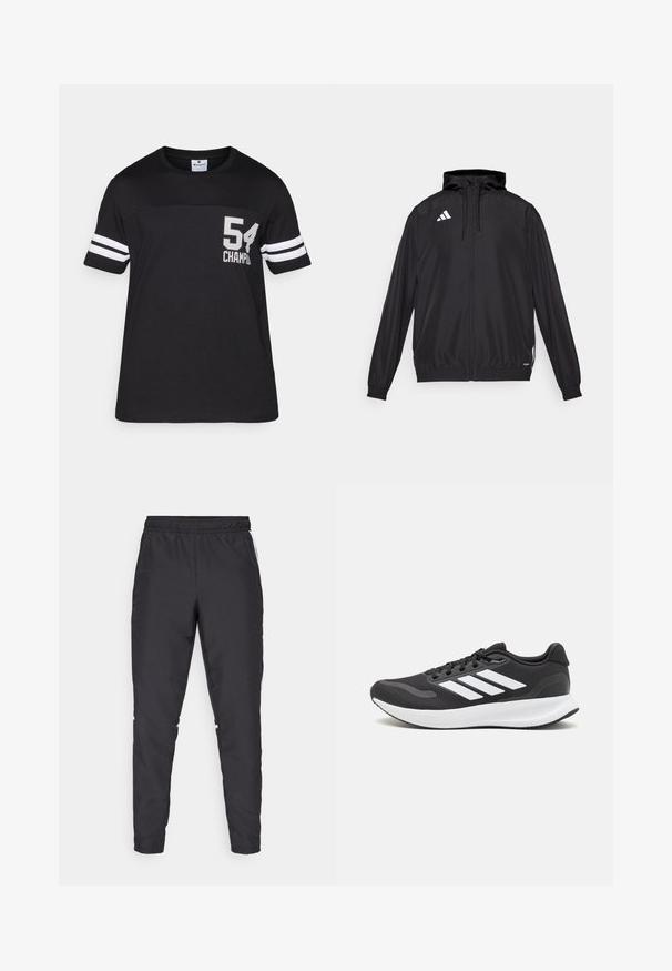 Crna sportska jakna izrađena od laganog materijala. Ima kapuljaču, zatvaranje na rajsferšlus i elastične manšete. Bijeli logo na gornjoj lijevoj strani.; Crna pamučna majica s okruglim izrezom, s bijelim prugama na rukavima i brojem "54" te natpisom "CHAMPION" ispisanim sivo.; Crne atletske hlače s elastičnim strukom, sužavajućim nogavicama i bijelim bočnim naglascima. Izrađene od sintetičkog materijala s glatkom teksturom.; Crne atletske tenisice s prozračnom mrežicom na gornjem dijelu, bijelim akcentima i mekanim potplatom. Imaju logo s tri pruge sa strane.