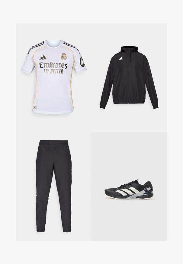 Crna sportska jakna izrađena od laganog materijala. Ima kapuljaču, zatvaranje na rajsferšlus i elastične manšete. Bijeli logo na gornjoj lijevoj strani.; Bijela nogometna majica s kratkim rukavima, s crnim i žutim detaljima, okruglim izrezom i teksturiranim materijalom. Ima logotip tima i naziv sponzora.; Crne atletske hlače s elastičnim strukom, sužavajućim nogavicama i bijelim bočnim naglascima. Izrađene od sintetičkog materijala s glatkom teksturom.; Crne atletske cipele s bijelim prugama, mrežasta gornja strana, zaobljeni prst i podstavljeni đon. Imaju teksturiranu petu i siguran sustav vezivanja.