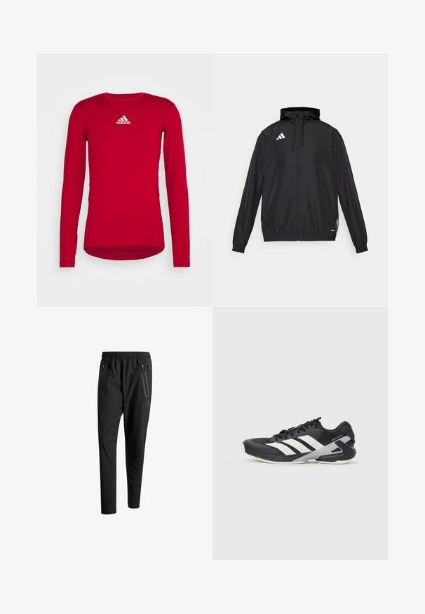 Schwarze Sportjacke aus leichtem Material. Verfügt über eine Kapuze, einen Reißverschluss und elastische Bündchen. Weißes Logo auf der oberen linken Seite.; Rotes langärmliges Sportshirt aus dehnbarem Material mit Rundhalsausschnitt und einem weißen Adidas-Logo auf der oberen Vorderseite. Glatte Textur.; Schwarze Sporthose mit elastischem Bund, zwei Reißverschlusstaschen an den Seiten, schmal zulaufenden Beinen und einem dezenten Logo-Detail an der Hüfte.; Schwarzer Sportschuh mit weißen Streifen, Obermaterial aus Mesh, runde Zehenform und gepolstertem Sohlenteil. Verfügt über eine strukturierte Ferse und ein sicheres Schnürsystem.