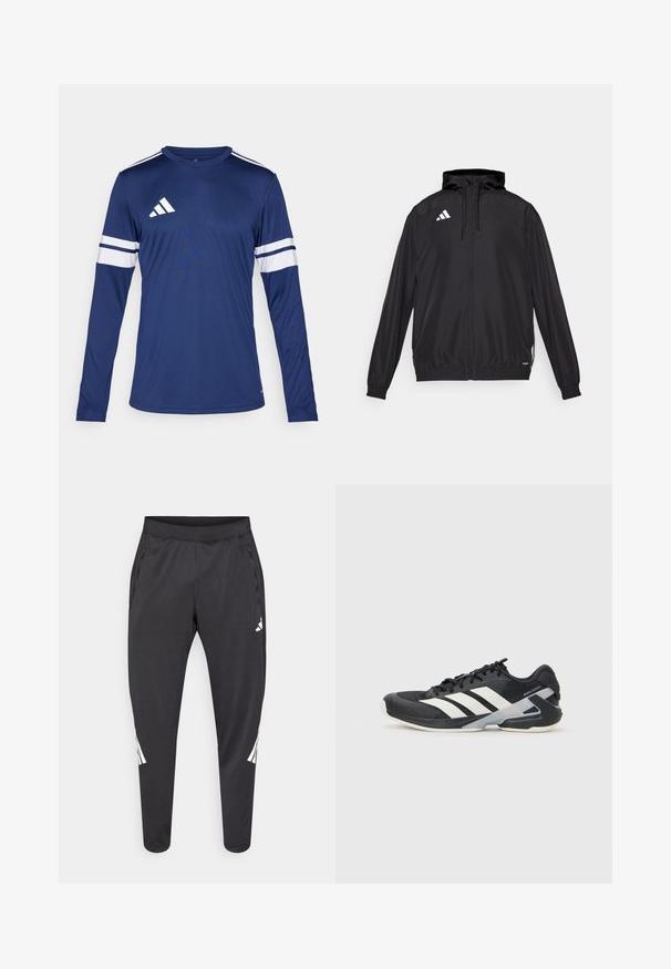 Schwarze Sportjacke aus leichtem Material. Verfügt über eine Kapuze, einen Reißverschluss und elastische Bündchen. Weißes Logo auf der oberen linken Seite.; Langärmliges Sportshirt aus dunkelblauem Stoff. Hat weiße Streifen an den Ärmeln und drei weiße Streifen auf der Schulter. Adidas-Logo auf der Brust.; Schwarze Sporthose mit zulaufenden Beinen, elastischem Bund, Seitentaschen und weißen Logo- und Streifendetails. Hergestellt aus einem glatten, leichten Material.; Schwarzer Sportschuh mit weißen Streifen, Obermaterial aus Mesh, runde Zehenform und gepolstertem Sohlenteil. Verfügt über eine strukturierte Ferse und ein sicheres Schnürsystem.