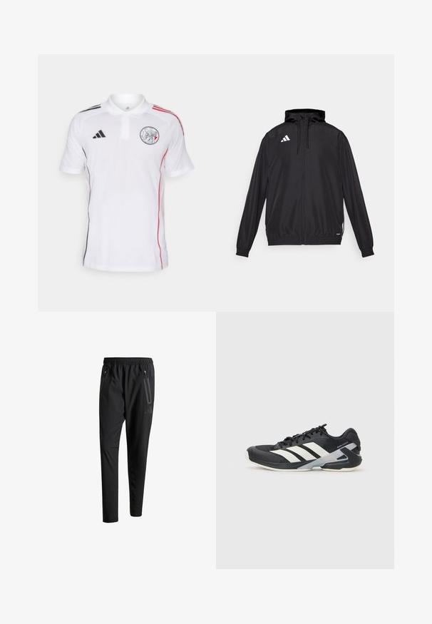 Čierna atletická bunda vyrobená z ľahkého materiálu. Má kapucňu, zips a elastické manžety. Biele logo na hornej ľavej strane.; Biela polokošeľa s čiernymi a červenými prúžkami na pleciach. Má emblém na hrudi a klasický golier. Vyrobená z priedušnej tkaniny.; Čierne športové nohavice s elastickým pásom, dvoma bočnými zipsovými vreckami, zužujúcimi sa nohavicami a nenápadným detailom loga na bokoch.; Čierna športová obuv s bielymi pruhmi, sieťovinový zvršok, zaoblená špička a polstrovaná podrážka. Obsahuje štruktúrovaný opätok a bezpečný systém šnurovania.
