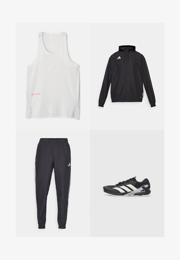 Crna sportska jakna izrađena od laganog materijala. Ima kapuljaču, zatvaranje na rajsferšlus i elastične manšete. Bijeli logo na gornjoj lijevoj strani.; Bijela bezrukavna majica od laganog materijala, s malim točkastim uzorcima i bočnim prorezima. Logotip brenda u crvenoj boji na donjem lijevom dijelu.; Crne sportske hlače s elastičnom gumicom u struku, s bijelim prugama uz bokove i malim logotipom na kuku. Glatka tekstura.; Crne atletske cipele s bijelim prugama, mrežasta gornja strana, zaobljeni prst i podstavljeni đon. Imaju teksturiranu petu i siguran sustav vezivanja.