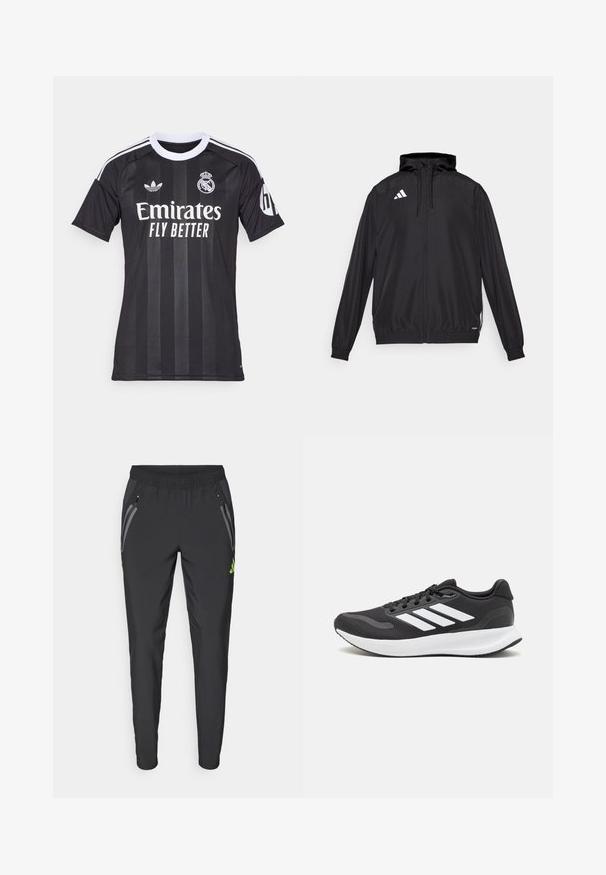 Svart träningsjacka gjord av lättviktsmaterial. Har huva, dragkedjestängning och elastiska ärmslut. Vit logotyp på övre vänstra sidan.; Svart Real Madrid fotbollströja med vit krage, Adidas- och laglogotyp, sponsortext "Emirates Fly Better" och HP-logotyp på ärmen.; adidas Performance REAL MADRID TIRO25 PRO VIS TECH TRAVEL PANT - Klubbkläder - black/lucid lemon; Svart atletisk sko med andningsbar mesh-överdel, vita detaljer och en dämpad sula. Har tre ränder logo på sidan.