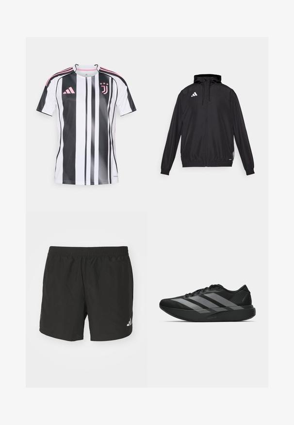 Melns sportisks jaka, kas izgatavota no viegla materia. Iespējas ietver kapuci, rāvējslēdzēju un elastīgas aproces. Baltā logo kreisajā augšējā pusē.; Juventus futbola krekls ar vertikālām melnbaltajām svītrām, rozā akcentiem uz piedurknēm un logotipa, izgatavots no viegla, elpojoša materiāla.; Melnas sporta bikses ar elastīgu jostu, sānu šķeltnēm un atstarojošiem logo akcentiem. Izgatavotas no viegla, gluda auduma.; Melni sporta apavi ar vieglu dizainu, ar trim izteiksmīgiem pelēkiem svītrām, gludu virsmu un kontūrveida zoli.