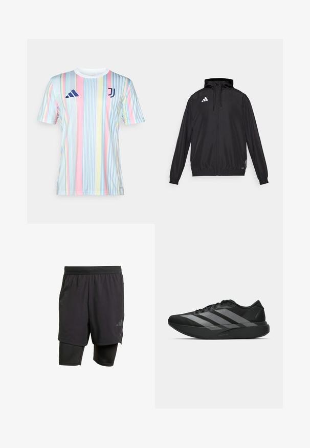 Sort atletisk jakke lavet af letvægtsmateriale. Har hætte, lynlås lukning og elastiske manchetter. Hvidt logo på øverste venstre side.; Juventus stribede trøje i pastelfarver, med lodrette linjer i blå, pink, gul og hvid. Lavet af letvægts, åndbart materiale.; Svarte atletiske shorts med integreret inderlag, lavet af åndbart stof. Har diskret logo og struktureret tekstur. Justerbar talje.; Sorte atletiske sko med et let design, der har tre fremtrædende grå striber, en glat overflade og en formet sål.