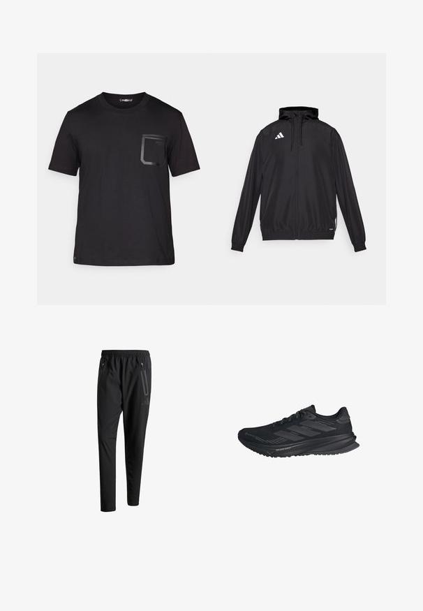Crna sportska jakna izrađena od laganog materijala. Ima kapuljaču, zatvaranje na rajsferšlus i elastične manšete. Bijeli logo na gornjoj lijevoj strani.; Crna majica kratkih rukava napravljena od pamuka s suptilnom teksturom. Ima prednju džep s pravokutnim dizajnom i detaljem s logom.; Crne atletske hlače s elastičnim pojasom, dva bočna džepa sa zatvaračem, suženi nogavici i diskretnim logotipom na kuku.; Crne Adidas trkaće tenisice s Gore-Tex gornjim dijelom, tri pruge sa strane i "Dreamstrike" na potplatu, prikazane s vanjske strane.