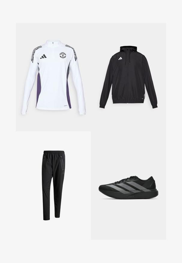 Schwarze Sportjacke aus leichtem Material. Verfügt über eine Kapuze, einen Reißverschluss und elastische Bündchen. Weißes Logo auf der oberen linken Seite.; Weißes Langarm-Trainingsshirt mit halbem Reißverschluss, schwarzen Streifen, lila Seiteneinsätzen und einem Manchester United-Logo auf der Brust.; Schwarze Sporthose mit elastischem Bund, zwei Reißverschlusstaschen an den Seiten, schmal zulaufenden Beinen und einem dezenten Logo-Detail an der Hüfte.; Schwarze Sportschuhe mit einem leichten Design, ausgestattet mit drei auffälligen grauen Streifen, einer glatten Textur und einer konturierten Sohle.