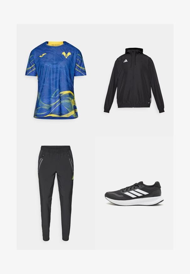Casaco desportivo preto feito de material leve. Apresenta um capuz, fecho de correr e punhos elásticos. Logótipo branco no lado superior esquerdo.; Camisola desportiva azul com um padrão de ondas em amarelo e verde. Feita em material leve, com decote redondo e mangas curtas.; adidas Performance REAL MADRID TIRO25 PRO VIS TECH TRAVEL PANT - Roupa de discoteca - black/lucid lemon; Shoe de atletismo preto com parte superior em malha respirável, detalhes brancos e sola almofadada. Apresenta o logotipo das três riscas na lateral.