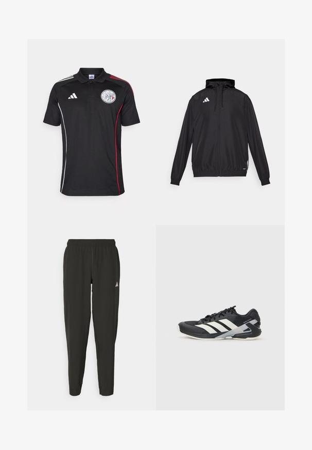 Čierna atletická bunda vyrobená z ľahkého materiálu. Má kapucňu, zips a elastické manžety. Biele logo na hornej ľavej strane.; Čierne polo tričko s bielymi a červenými bočnými pruhmi, bielym logom Adidas a kruhovým emblémom. Vyrobené z hladkej tkaniny, s golierom a tromi gombíkmi.; Čierne športové nohavice s elastickým pásom, úzkeho strihu a bielym logom na ľavej nohe. Hladká, ľahká tkanina.; Čierna športová obuv s bielymi pruhmi, sieťovinový zvršok, zaoblená špička a polstrovaná podrážka. Obsahuje štruktúrovaný opätok a bezpečný systém šnurovania.