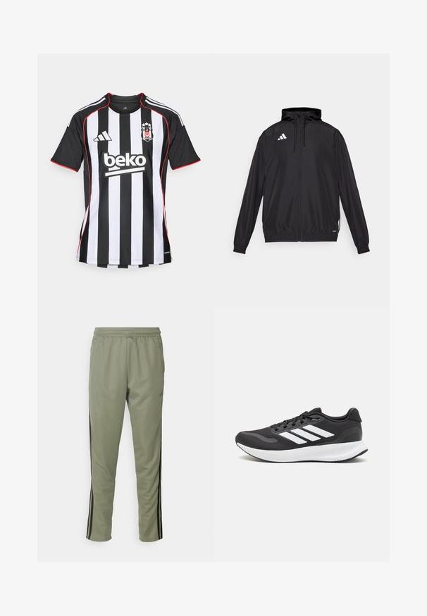Crna sportska jakna izrađena od laganog materijala. Ima kapuljaču, zatvaranje na rajsferšlus i elastične manšete. Bijeli logo na gornjoj lijevoj strani.; adidas Performance BESIKTAS 25/26 AWAY JERSEY - Nogometni dres - black; adidas Performance TRAIN ESSENTIALS 3-STRIPES - Donji dijelovi trenirke - silver pebble/black; Crne atletske tenisice s prozračnom mrežicom na gornjem dijelu, bijelim akcentima i mekanim potplatom. Imaju logo s tri pruge sa strane.