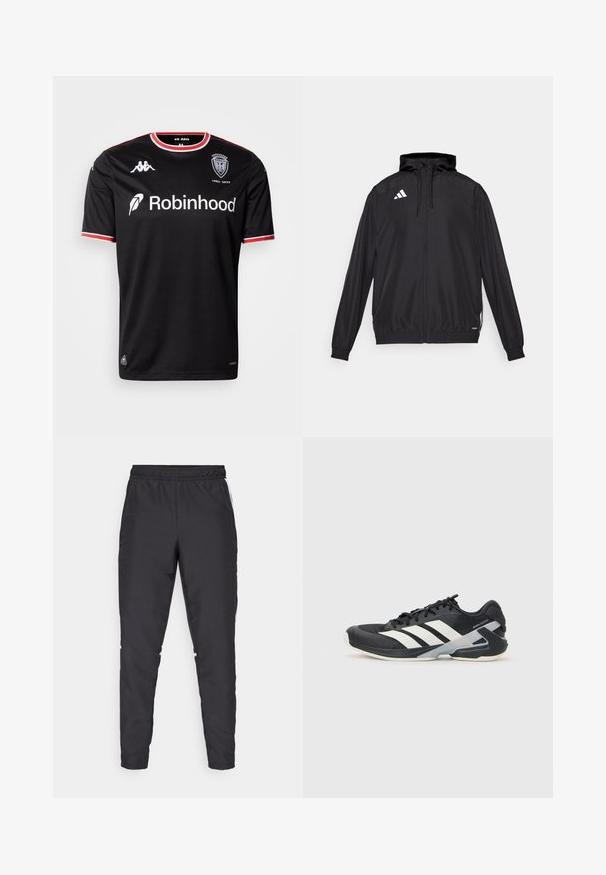 Μαύρο αθλητικό μπουφάν φτιαγμένο από ελαφρύ υλικό. Διαθέτει κουκούλα, φερμουάρ και ελαστικές μανσέτες. Λευκό λογότυπο στην άνω αριστερή πλευρά.; Μαύρη αθλητική φανέλα με κοντά μανίκια, άσπρες και κόκκινες λεπτομέρειες στο λαιμό και στα μανίκια. Φέρει λογότυπο, όνομα μάρκας και αφιερωματικό κείμενο.; Μαύρο αθλητικό παντελόνι με ελαστική μέση, στενές γραμμές και λευκές ρίγες στο πλάι. Φτιαγμένο από συνθετικό υλικό με λεία υφή.; Μαύρο αθλητικό παπούτσι με άσπρες ρίγες, διχτυωτό πάνω μέρος, στρογγυλή μύτη και μαλακή σόλα. Διαθέτει υφή στη φτέρνα και ασφαλές σύστημα κορδονιών.