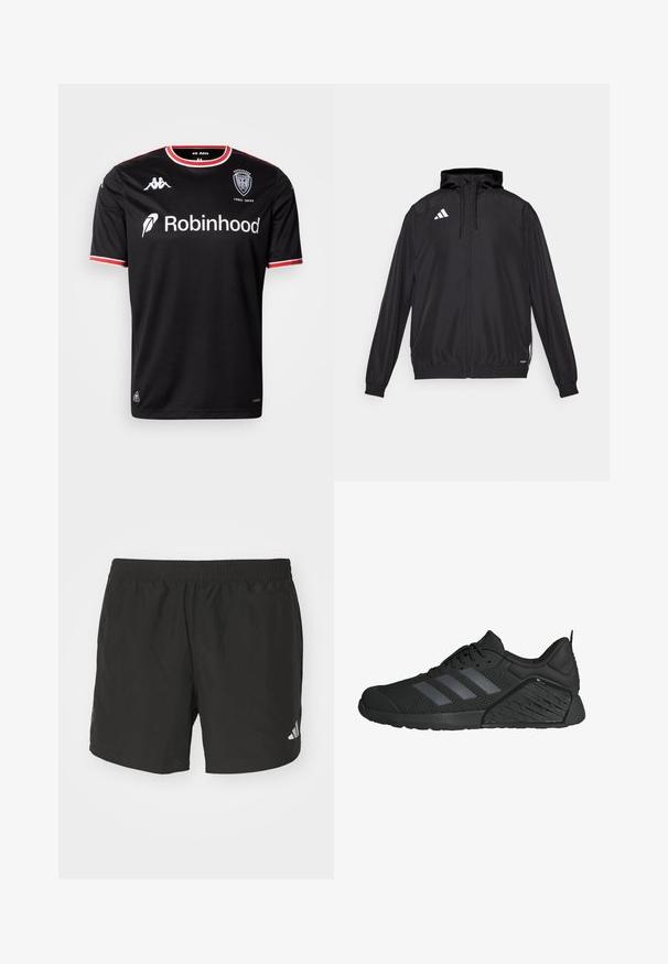 Svart träningsjacka gjord av lättviktsmaterial. Har huva, dragkedjestängning och elastiska ärmslut. Vit logotyp på övre vänstra sidan.; Svart sporttröja med korta ärmar, vita och röda detaljer vid krage och ärmar. Har logotyp, varumärkesnamn och minnestext.; Svarta träningsshorts med elastisk midja, sidoklyftor och reflekterande logotypdetaljer. Tillverkade av lätt och mjukt tyg.; Svarta sportskor med en ovandel i mesh, som har tre grå ränder, en texturerad mellansula och en gummisula med ett unikt mönster.