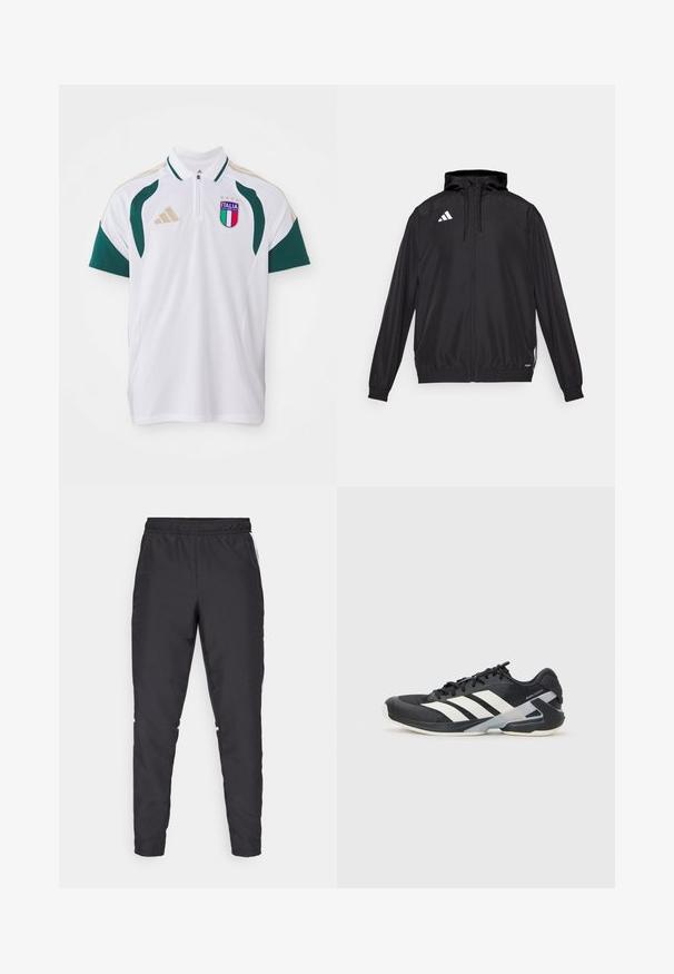 Sort atletisk jakke lavet af letvægtsmateriale. Har hætte, lynlås lukning og elastiske manchetter. Hvidt logo på øverste venstre side.; Hvid polo skjorte med grønne detaljer, korte ærmer og lynlås ved halsen. Har "ITALIA" logoet og tre stjerner ovenfor. adidas logo på skulderen.; Sorte atletiske bukser med elastisk talje, snævre ben og hvide sidelæggi. Fremstillet af syntetisk materiale med en glat overflade.; Sort sportsko med hvide striber, mesh-overdel, rund tå og dæmpet sål. Har en tekstureret hæl og et sikkert snøresystem.